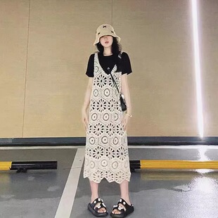 套装 短袖 夏季 背心连衣裙无袖 叠穿两件 松弛感钩花罩衫 今年流行女装