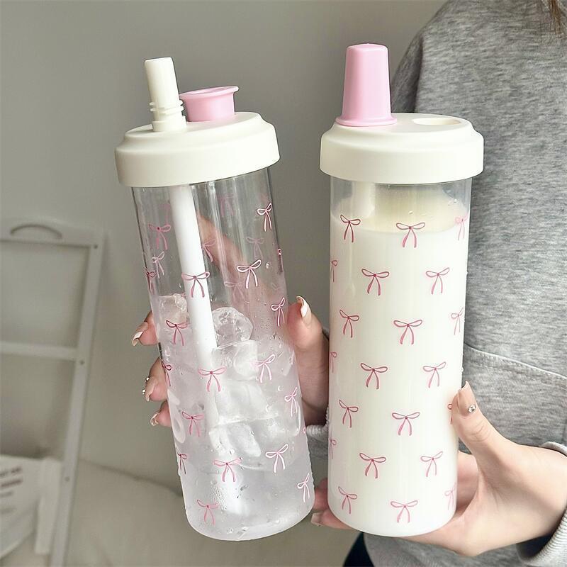 蝴蝶结吸管水杯2025新款牛奶女生高颜值学生塑料奶茶随行杯子夏天