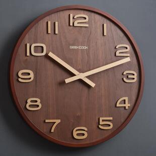 新中式原木时钟挂墙钟表中古挂钟胡桃北欧客厅覆古钟实木2024新款