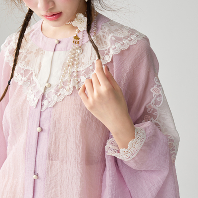 回溯【紫夏迷雾-圆领长衫】新中式改良汉服琵琶袖蕾丝拼接上衣