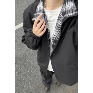 fitcheck格子拼接夹克男春秋复古设计感无帽上衣美式翻领情侣外套