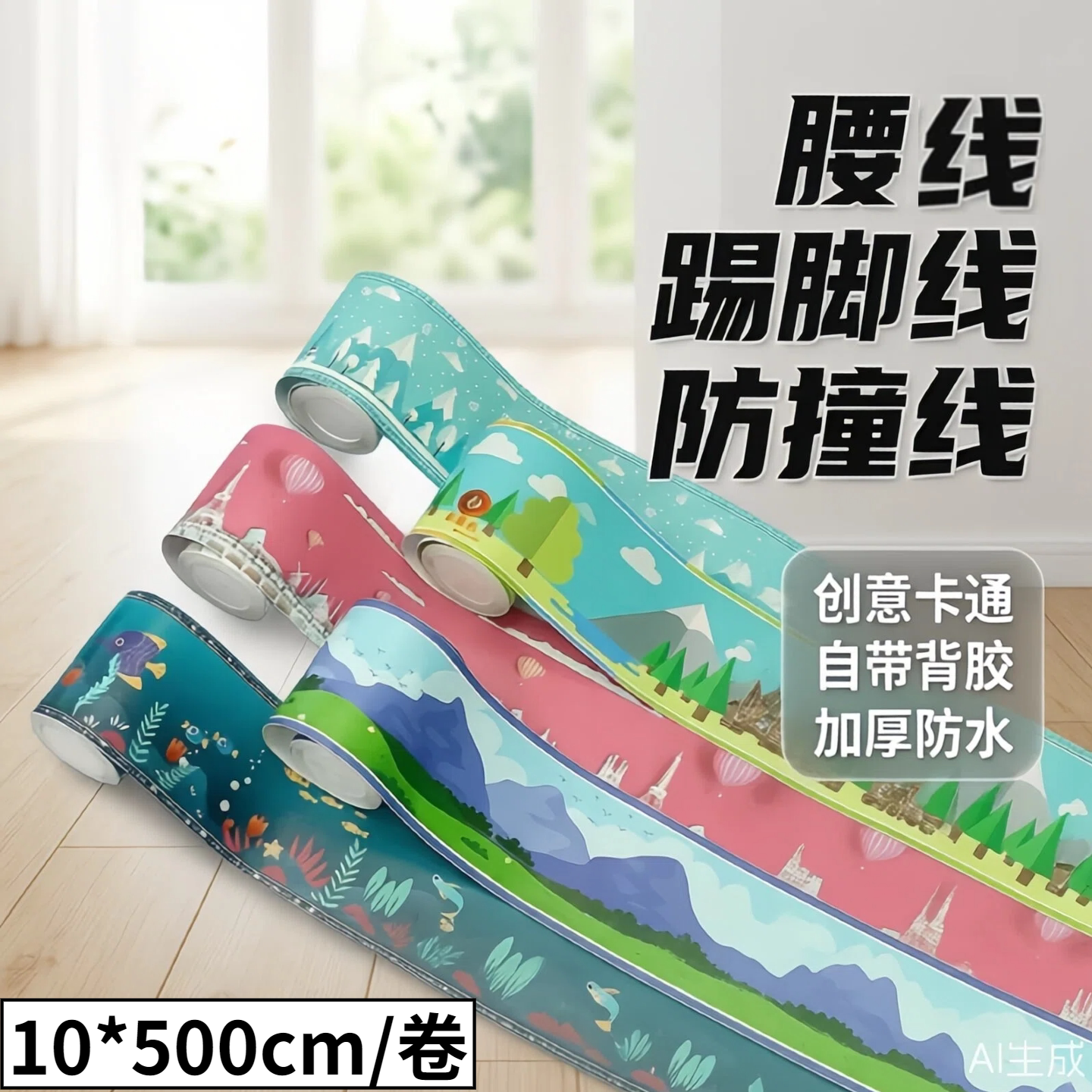 5米一卷卡通可爱自粘墙贴加厚防水 玻璃门腰线贴 墙脚线 波导线