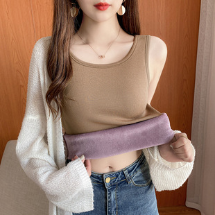秋冬保暖吊带背心女加绒加厚圆领修身内搭一体绒保暖上衣女打底衫