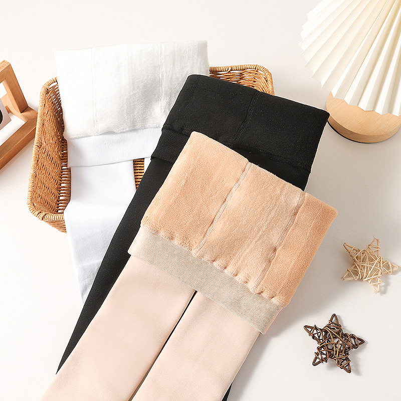 秋冬加绒加厚舞蹈袜女童打底裤薄绒白色踩脚裸感肤色光腿袜袜