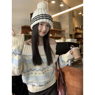 PPHOME覆古费尔岛提花毛衣女秋季纯欲风一字肩宽松针织衫露肩上衣