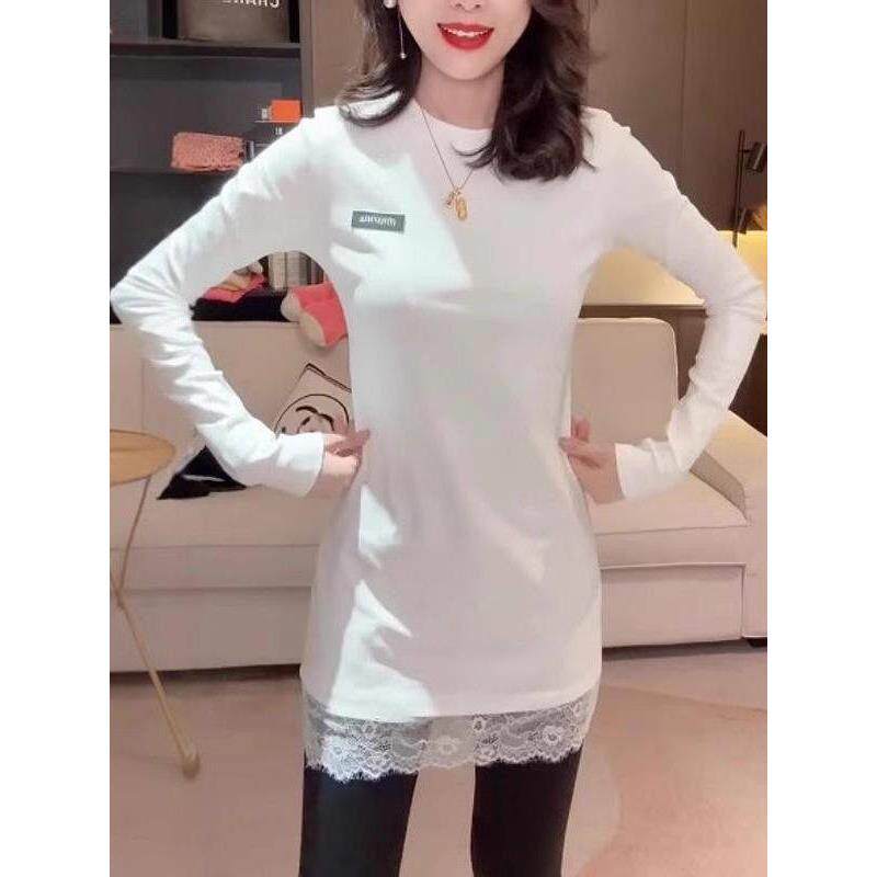 白色长袖T恤女秋冬季大码胖mm蕾丝拼接中长款气质打底衫纯棉上衣