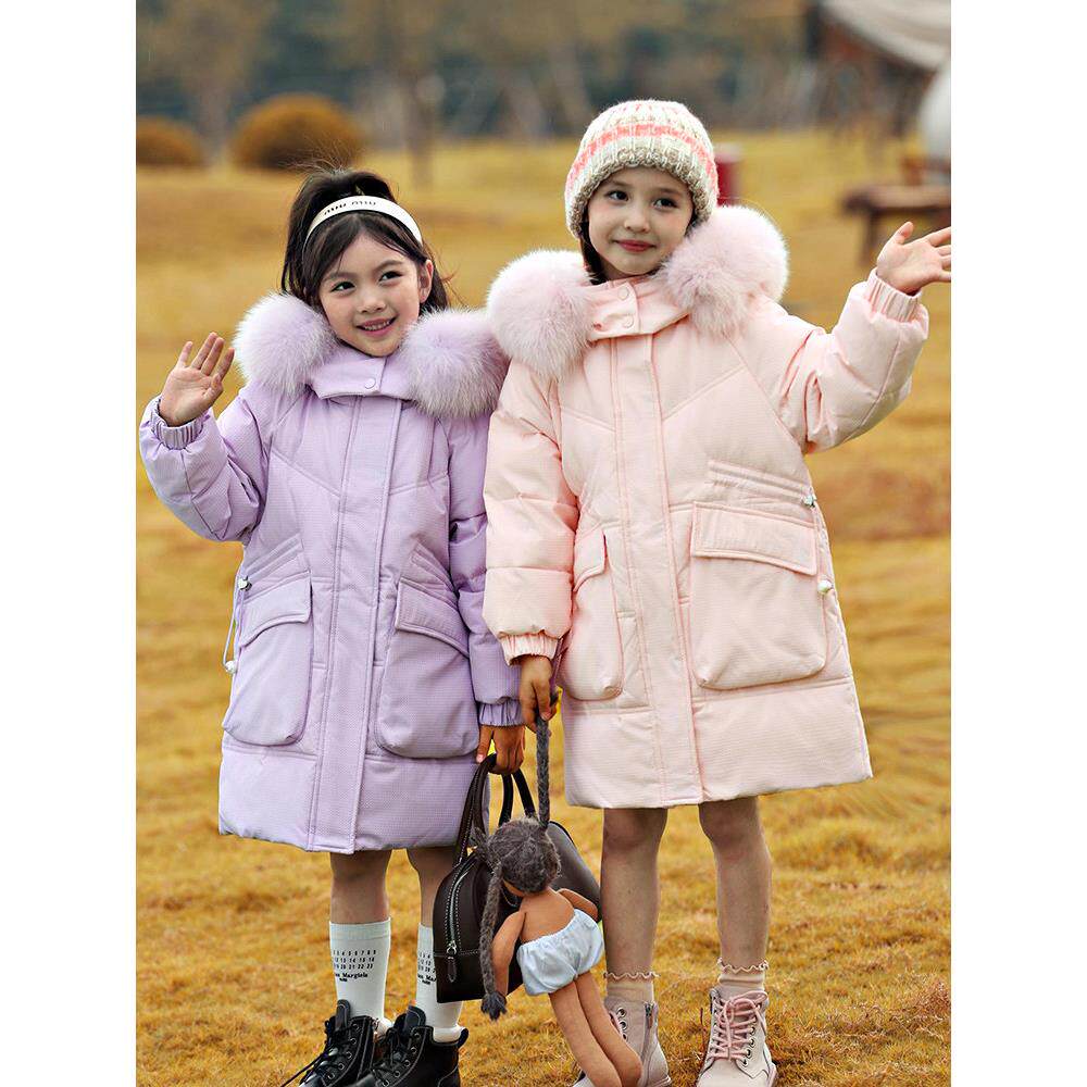 女童羽绒服中长款加厚2024新款儿童中大童韩版洋气大毛冬装外套