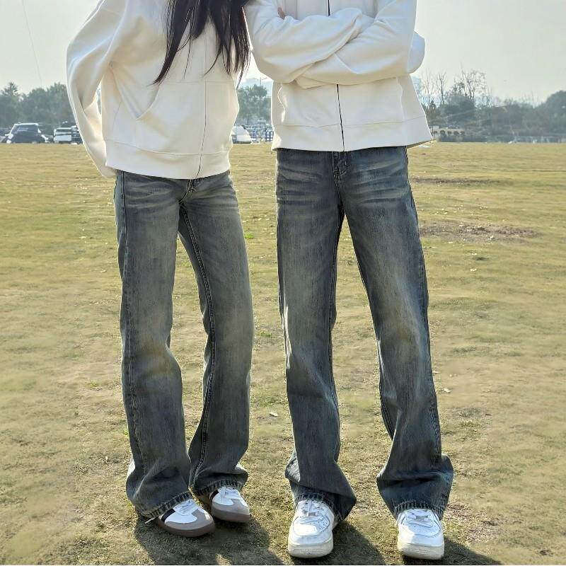 记得加辣美式高街复古水洗做旧牛仔裤男女直筒微喇休闲显瘦长裤子