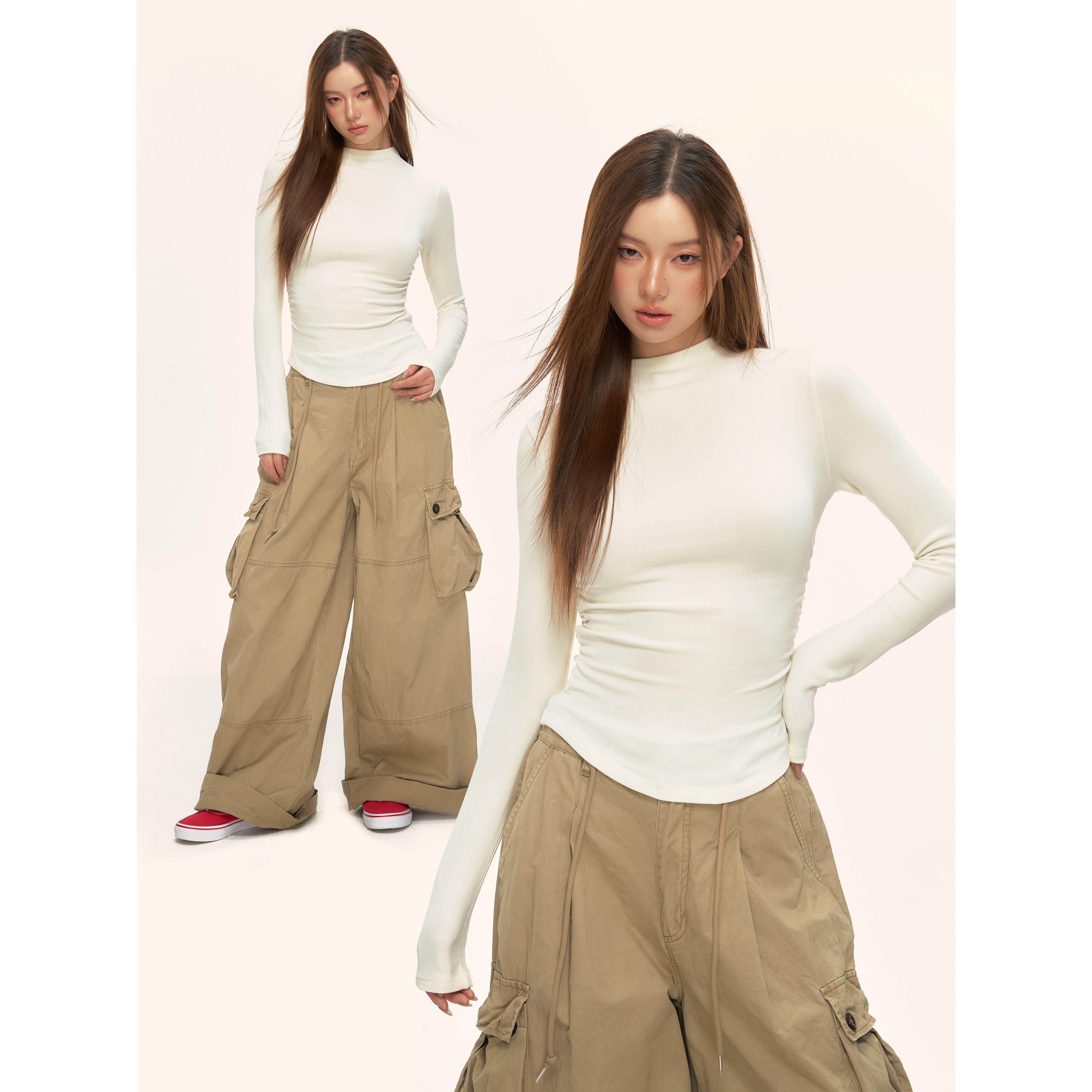 白色半高领长袖t恤女款修身内搭紧身中领加绒加厚打底衫秋冬上衣