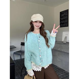 温柔风蓝色彩扣圆领长袖毛衣女秋季2025新款百搭宽松休闲外套上衣