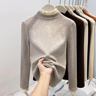 半高领蕾丝花边长袖打底衫女秋冬季一体绒内搭洋气高级感保暖上衣