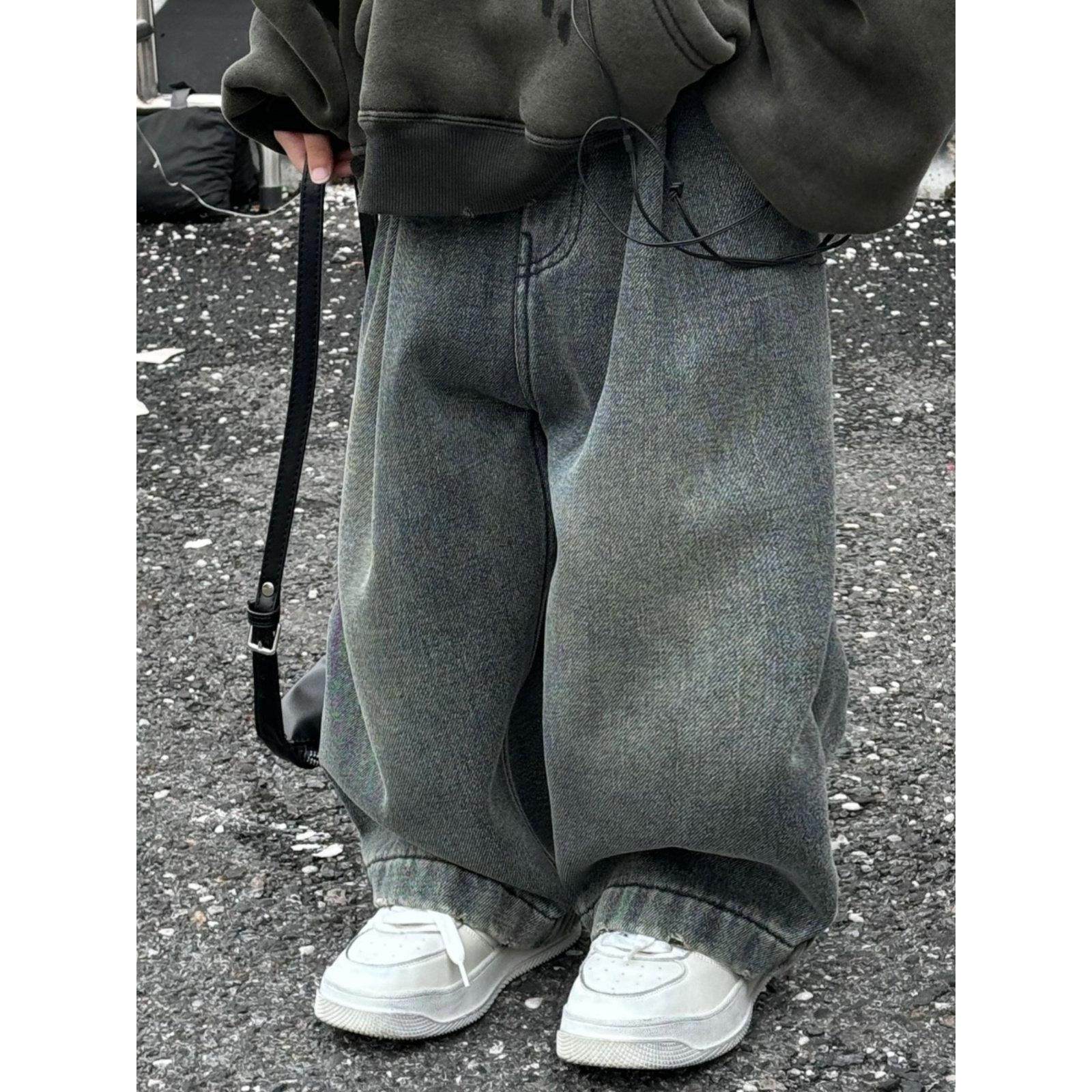 儿童加绒裤子小男孩韩版一体绒直筒裤男童冬季加厚洋气做旧牛仔裤