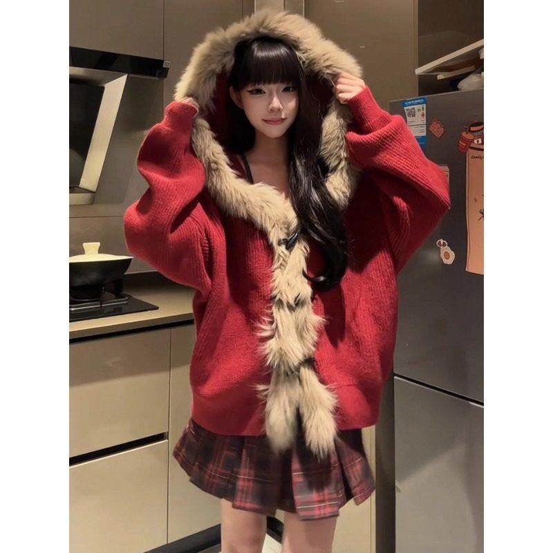 慵懒风大毛领连帽毛衣女秋冬穿搭高级感针织开衫外套宽松保暖上衣