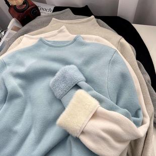 软糯加绒毛衣半高领打底衫女秋冬加厚一体绒温柔纯色针织保暖上衣
