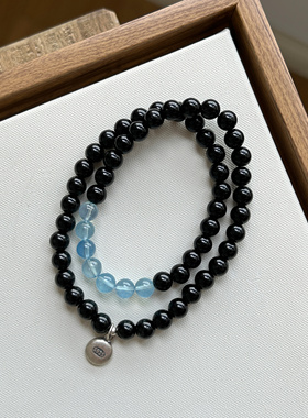 天然黑曜石海蓝宝手串女款水晶手链招财转运珠节日礼物守护
