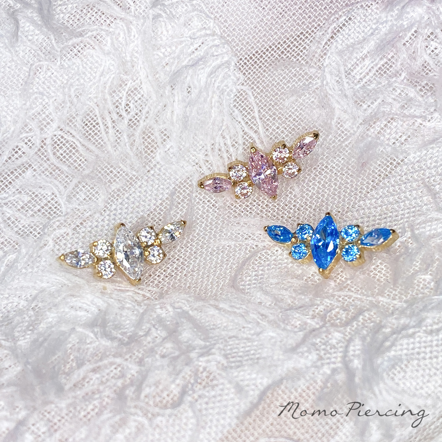 沫沫穿刺 “蝶翼”镀金医用钛合金耳钉超闪锆石平底耳蜗钉耳骨钉