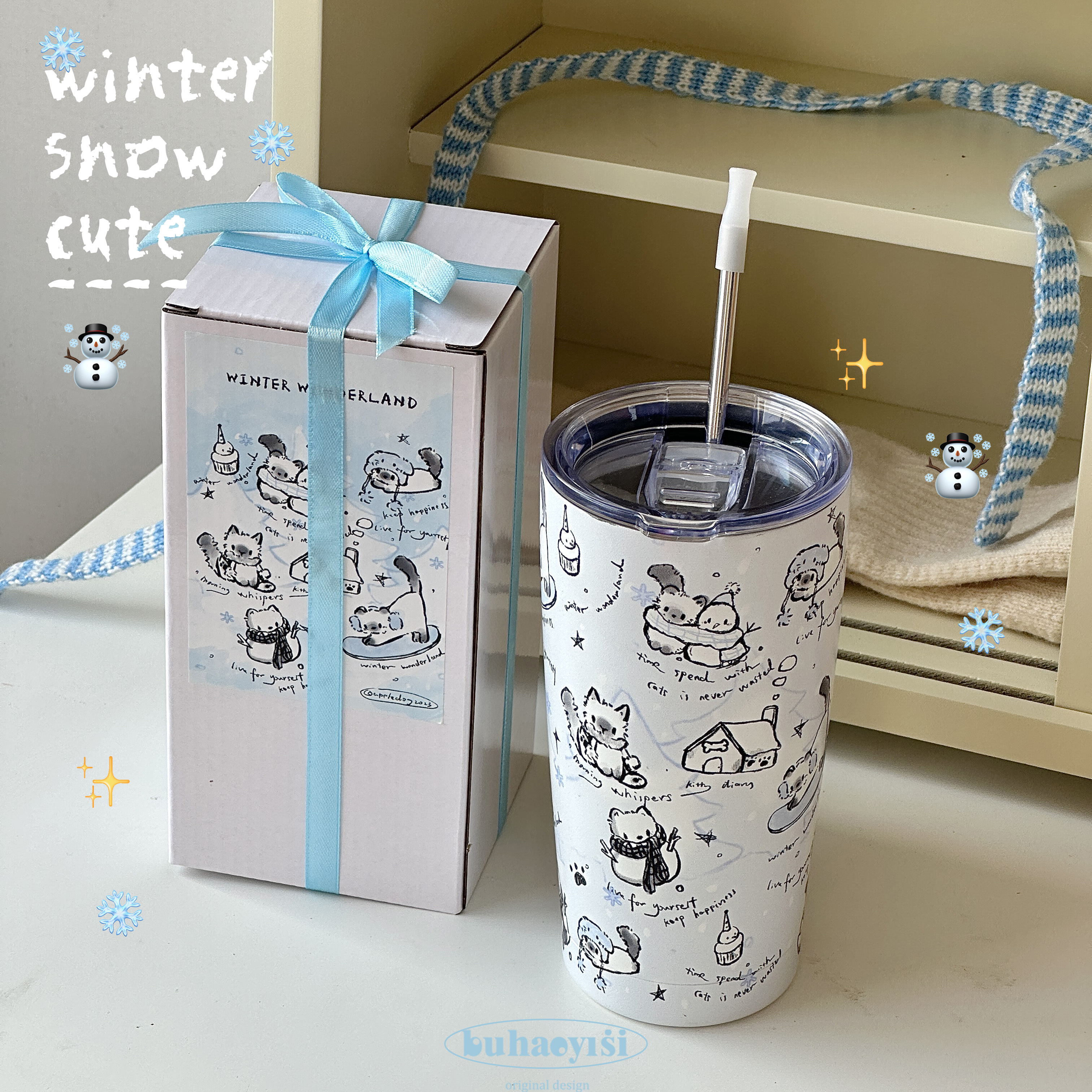 雪人小猫咪大容量吸管保温杯