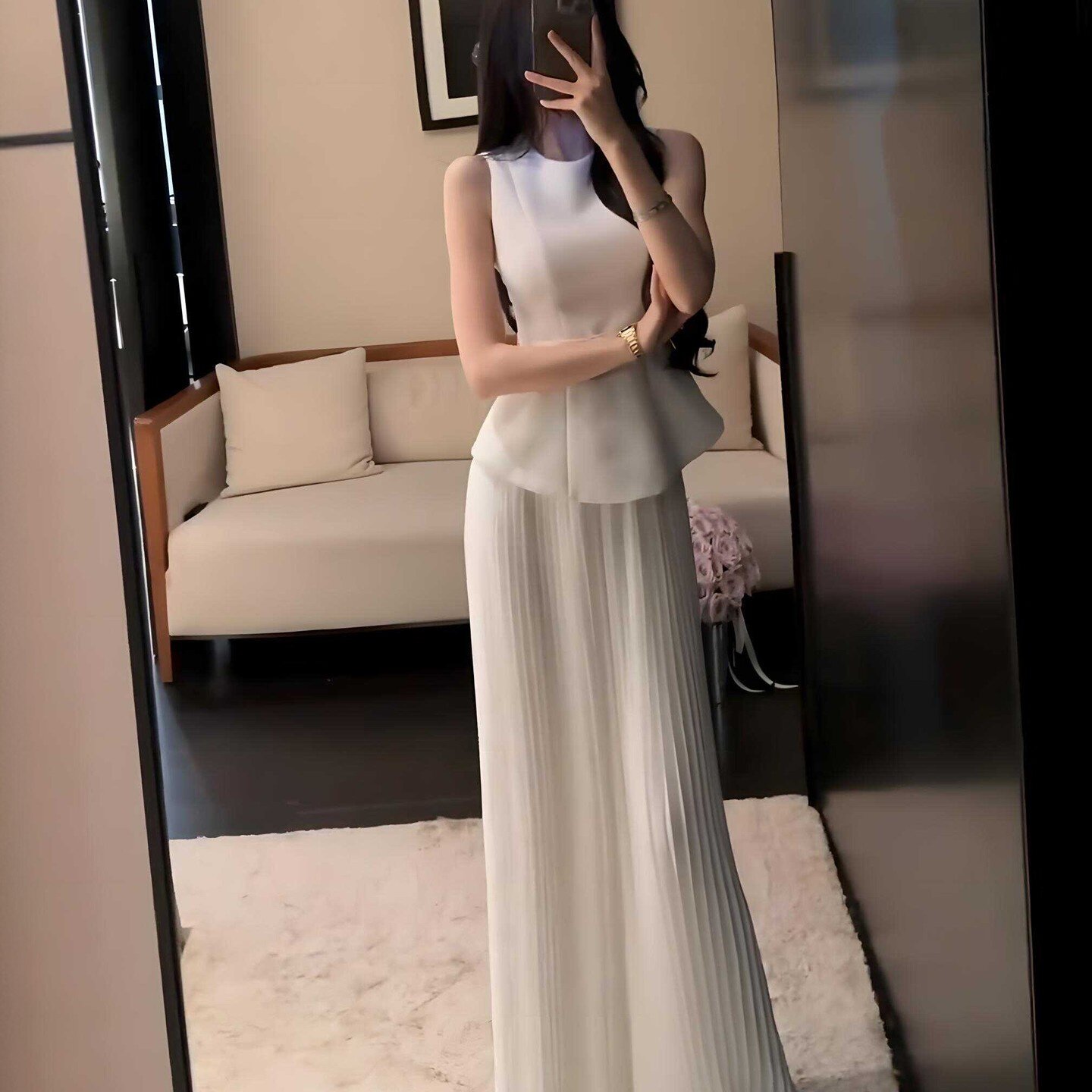 无袖背心荷叶边上衣百搭阔腿裤时髦洋气套装女2025年夏
