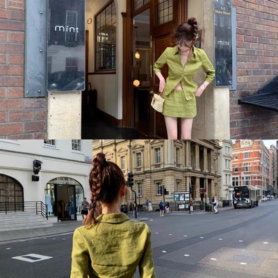 CHICYOU亚麻物语100%亚麻七分袖收腰衬衫+低腰短裙裤套装