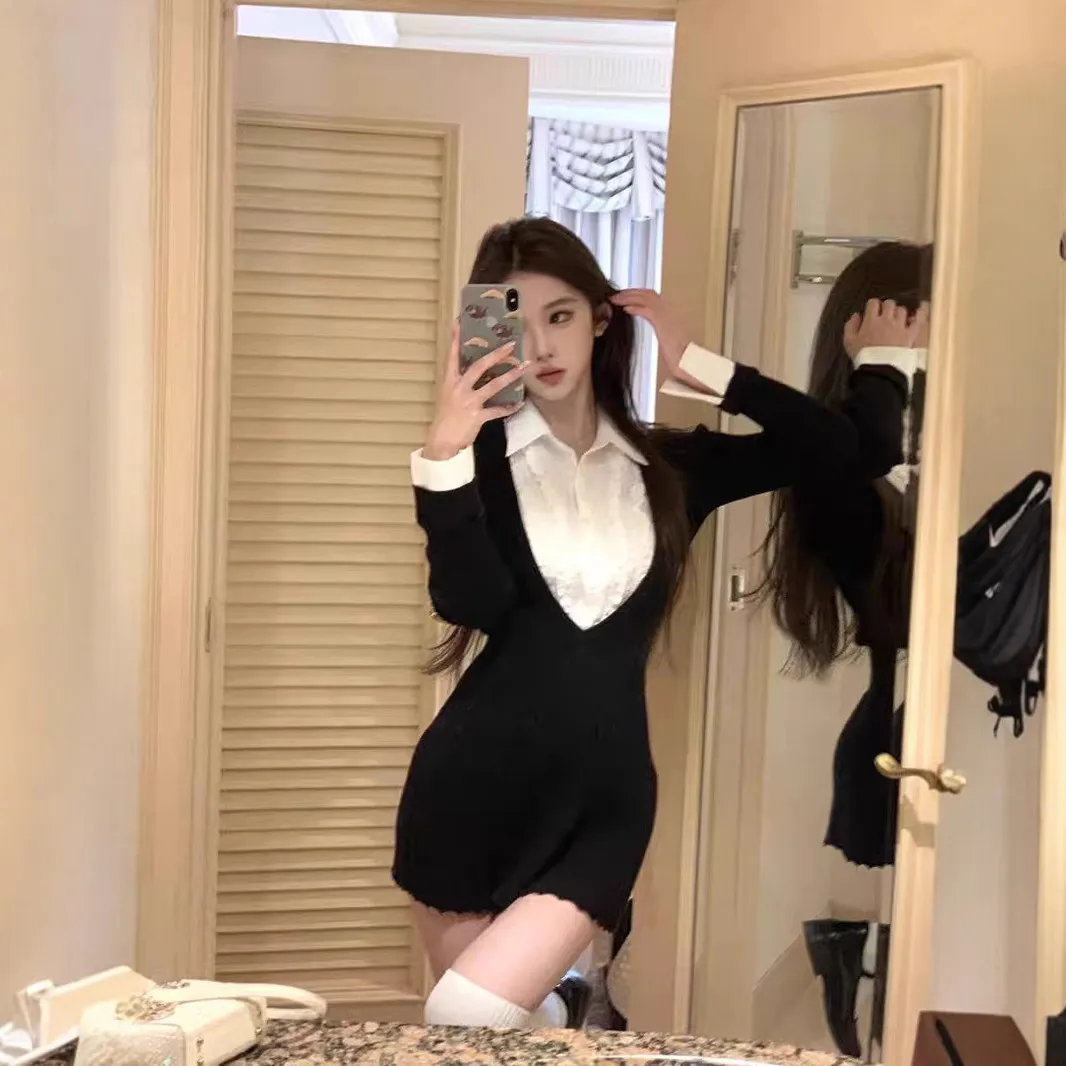 JMSHOP 纽约艺高 针织连衣裙女内搭裙假两件拼接衬衫领裙子百褶裙