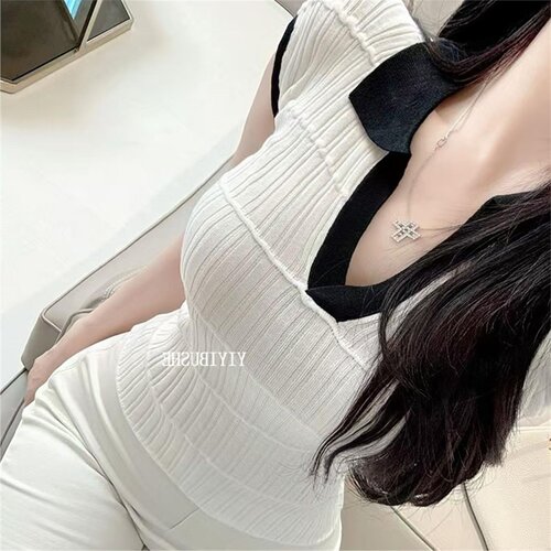 现货 东大门LL003欧尼私服~性感显身材撞色翻领紧身短袖针织T恤