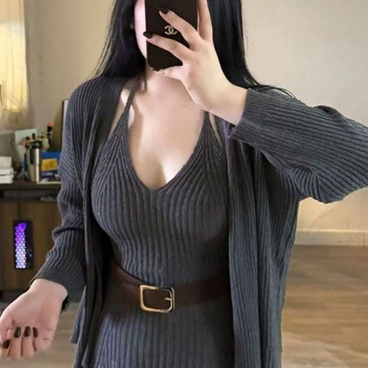 胖mm韩系大码套装女早秋季软糯慵懒长袖针织开衫内搭修身吊带背心