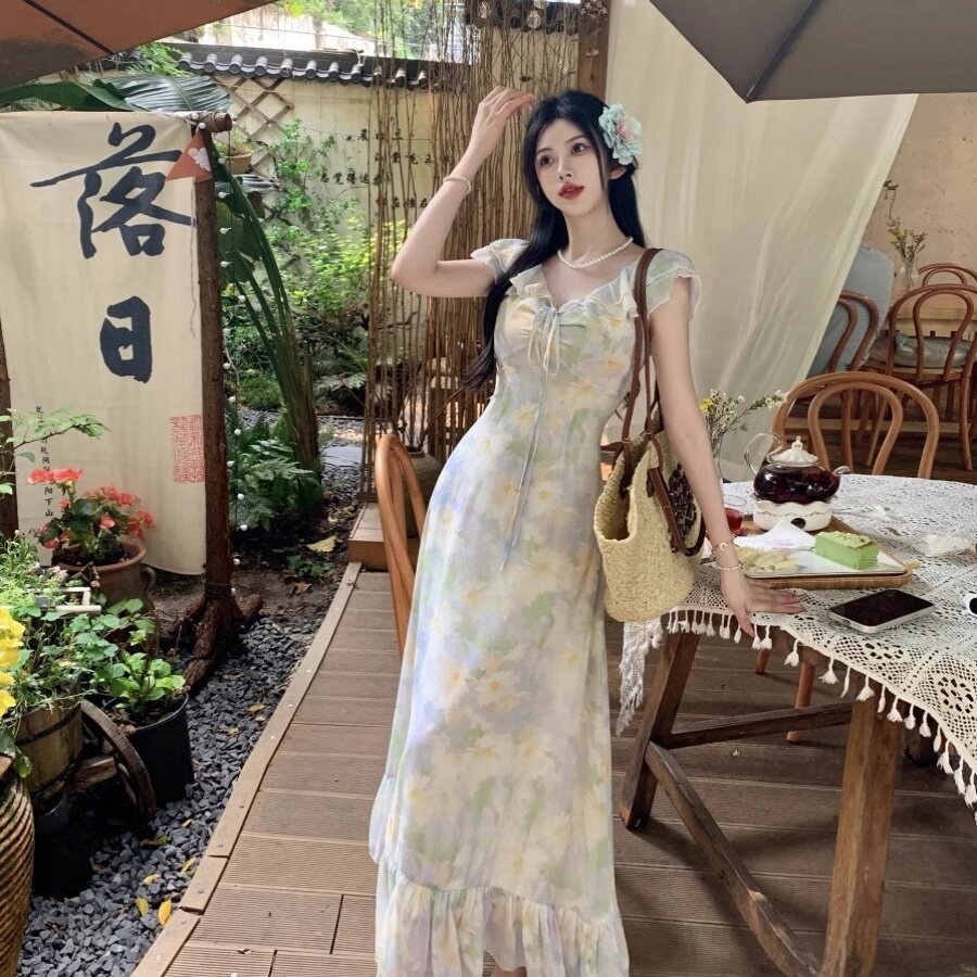荷叶边碎花雪纺微胖mm茶歇法式高级感甜美碎花连衣裙女海边度假风