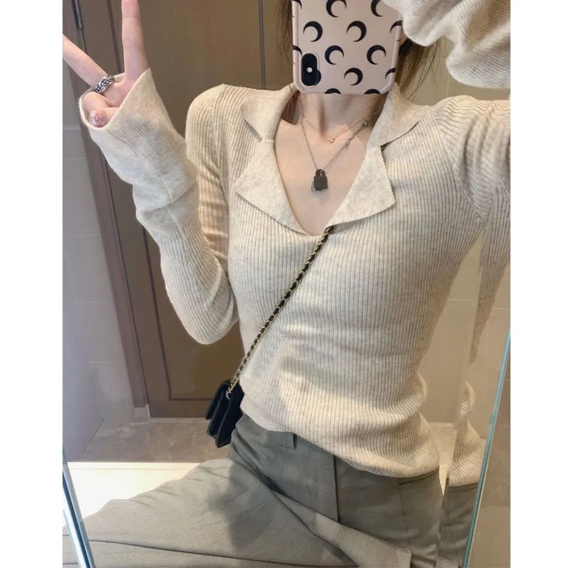 2024早秋喇叭袖POLO领针织衫女新款套头长袖百搭打底衫潮修身显瘦