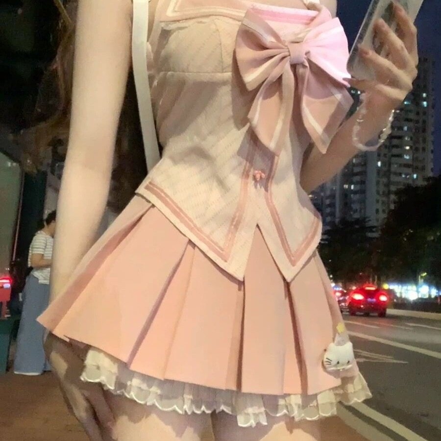 夏季新款甜美少女感减龄两件套蝴蝶结吊带上衣蕾丝百褶短裙套装女