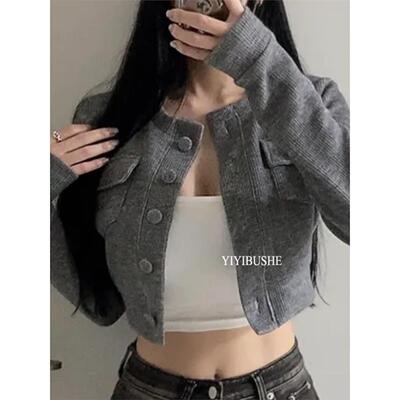 现货 51STUDIO自制ZO033氛围感~挺廓好版型露腰长袖针织夹克外套