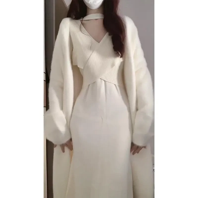 秋冬纯欲中长款气质内搭打底白色连衣裙软糯针织开衫宽松毛衣套装