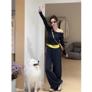 两件套装 早秋时尚 上衣百搭休闲裤 长袖 潮 洋气穿搭女不规则露肩修身