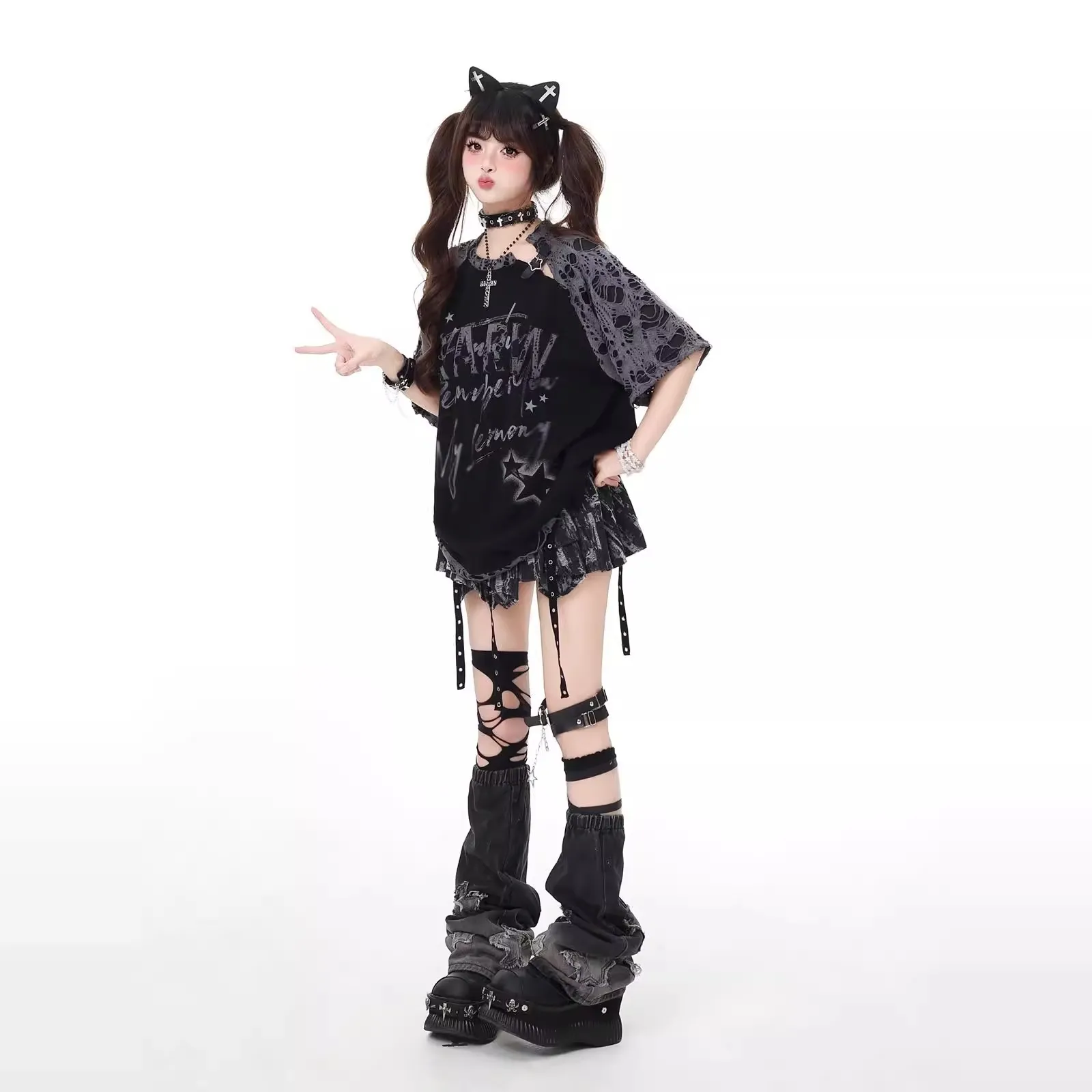 crazygirl亚文化星星破洞拼接插肩设计小众宽松百搭t恤夏新款
