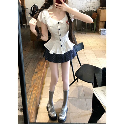 【瑞茜】海盐奶盖 春夏纯欲辣妹风短袖衬衫上衣裙子 R66582-1H