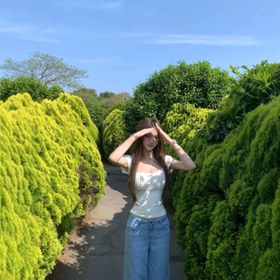 短袖 JMSHOP 波浪边修身 纯白茉莉 上衣 方领花边t恤女设计感夏季
