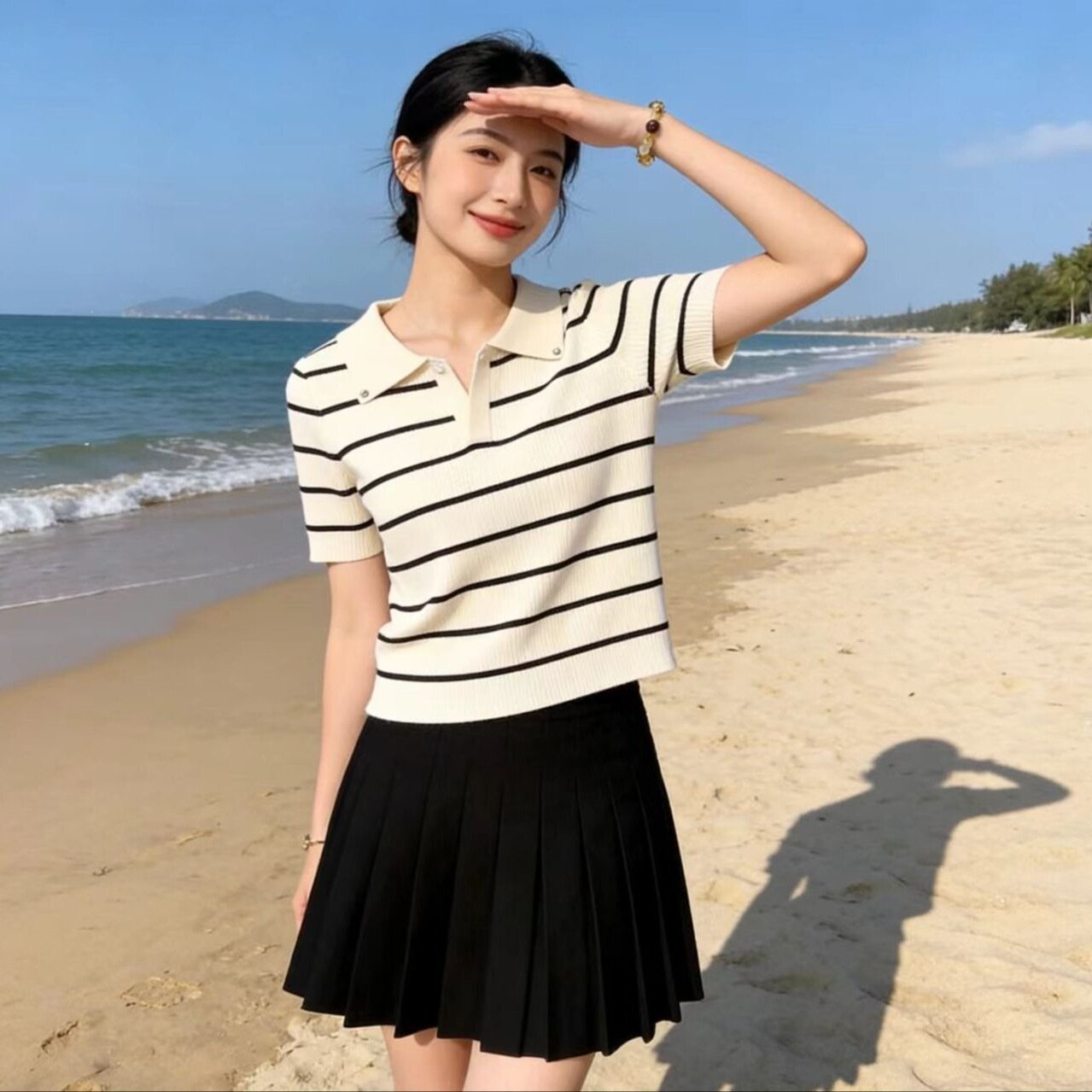 韩版时尚条纹拼接翻领短袖T恤女2026年夏季新款超好看穿搭上衣薄