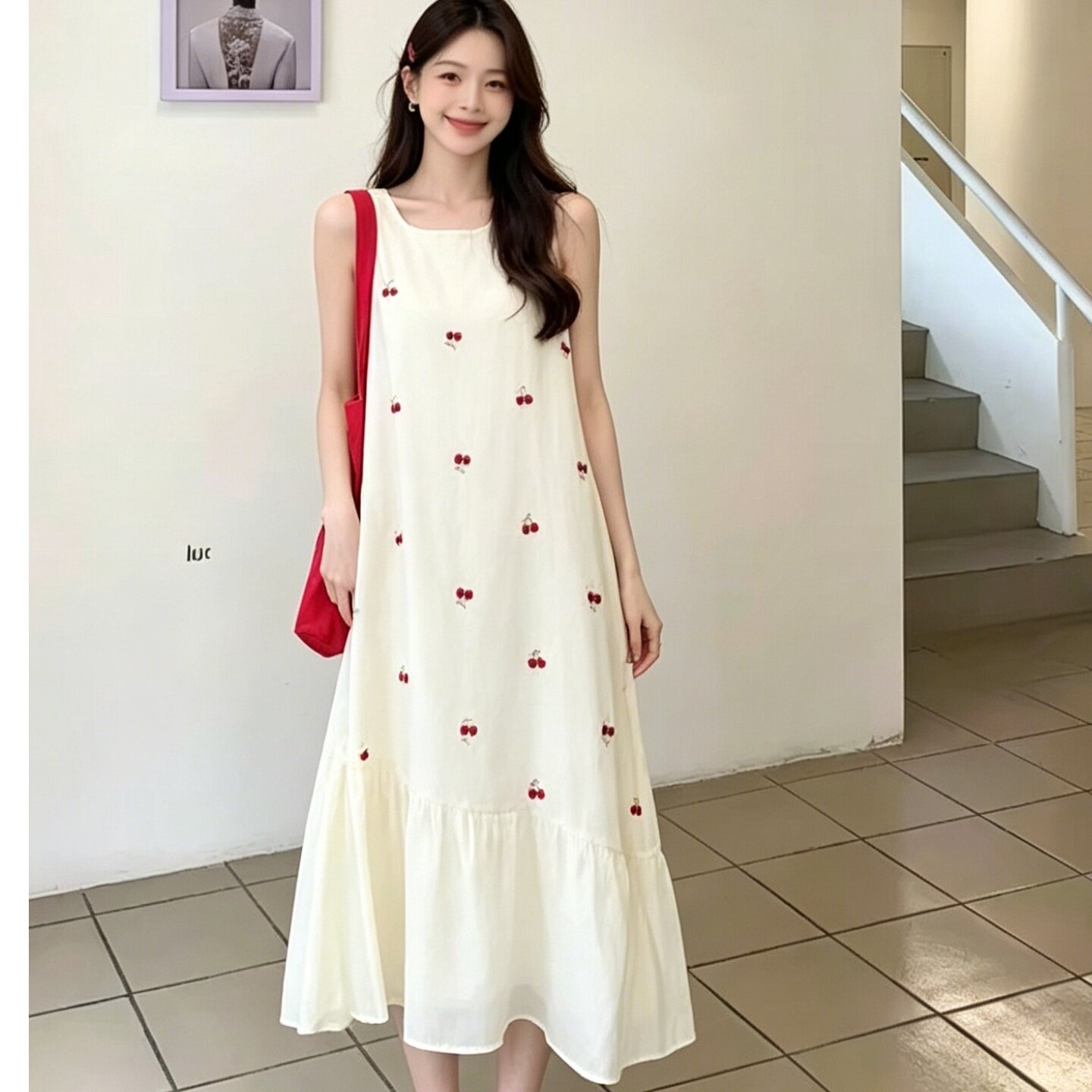 宽松显瘦樱桃印花连衣裙女夏米白温柔风减龄休闲无袖长款A字裙女