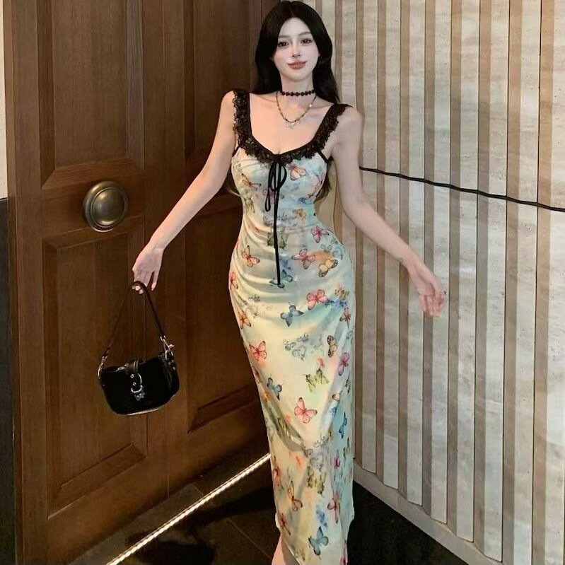 纯欲风蝴蝶印花绑带吊带连衣裙女夏季新款甜辣收腰度假休闲裙子