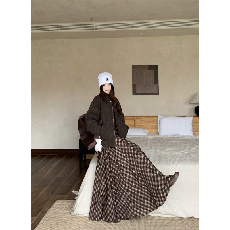 美拉德甜酷辣妹宽松百搭外套上衣+大裙摆字格子半身裙套装女