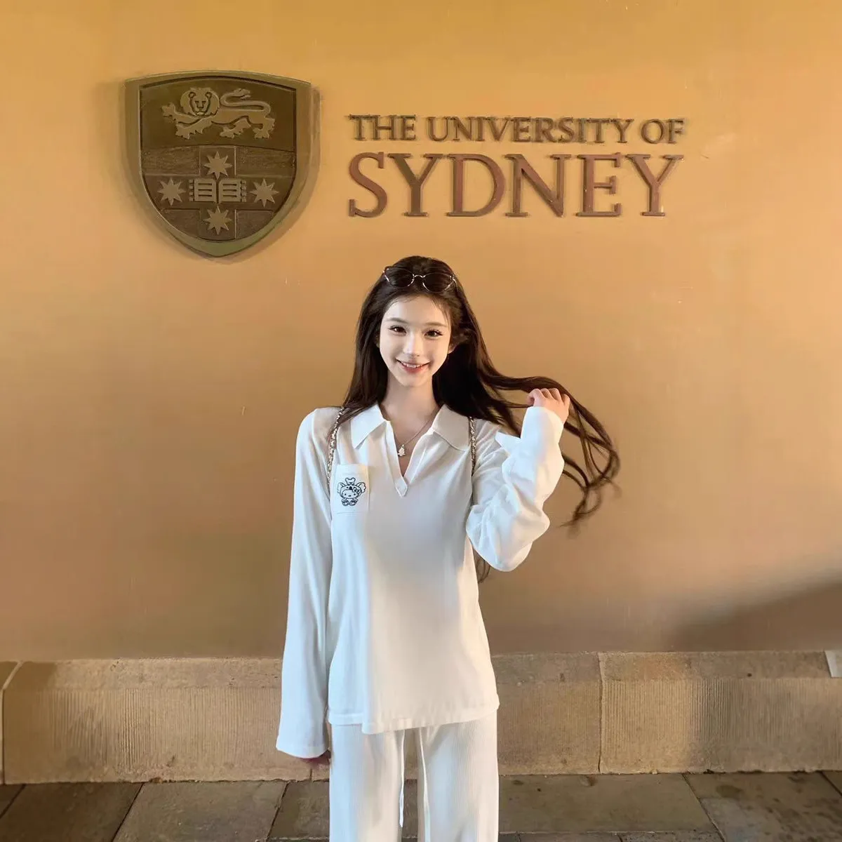 JMSHOP 乖乖牌kt酱 polo翻领针织上衣女秋冬刺绣宽松长袖薄款毛衣