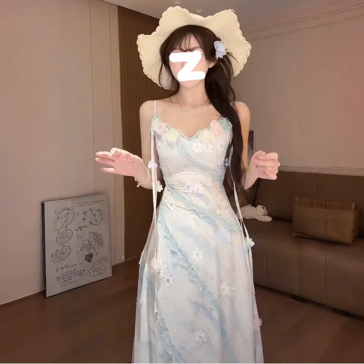 夏季纯欲风连衣裙设计感立体花朵超仙甜妹雪纺碎花裙修身显廋长裙
