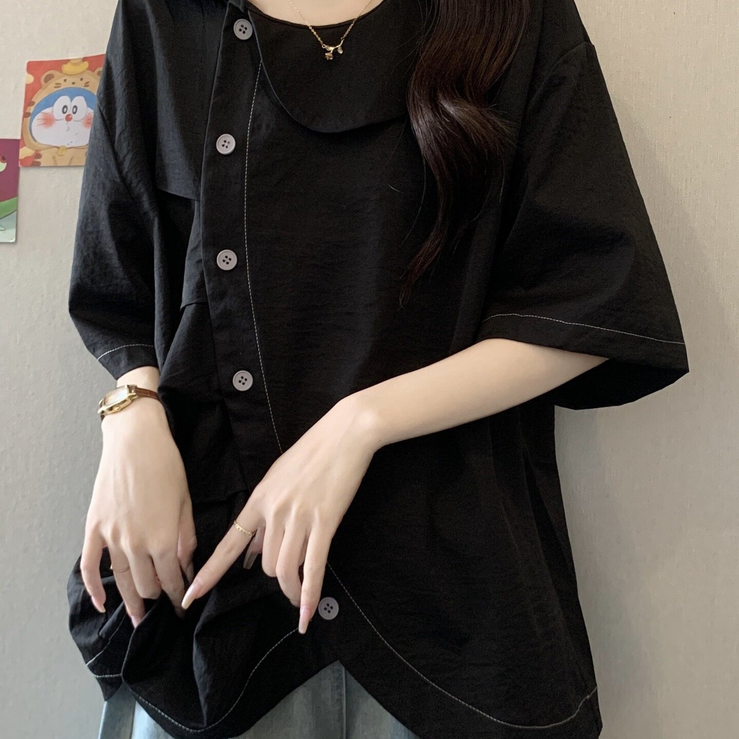 设计感褶皱短袖衬衫夏季大码女装休闲胖mm娃娃领宽松上衣2-300斤