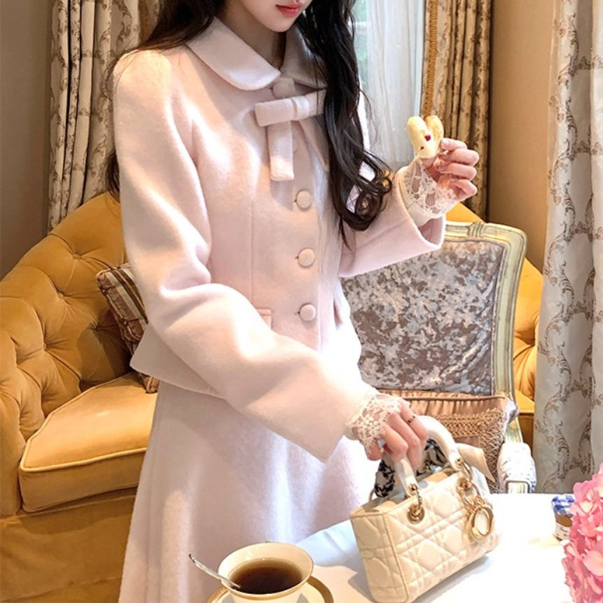 2025年 粉色毛呢外套高腰a字半身裙套装女秋法式气质千金风两件套