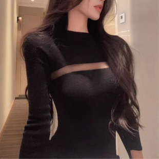 雾时秋信绵羊毛高领长袖针织裙修身显瘦拼接连衣裙