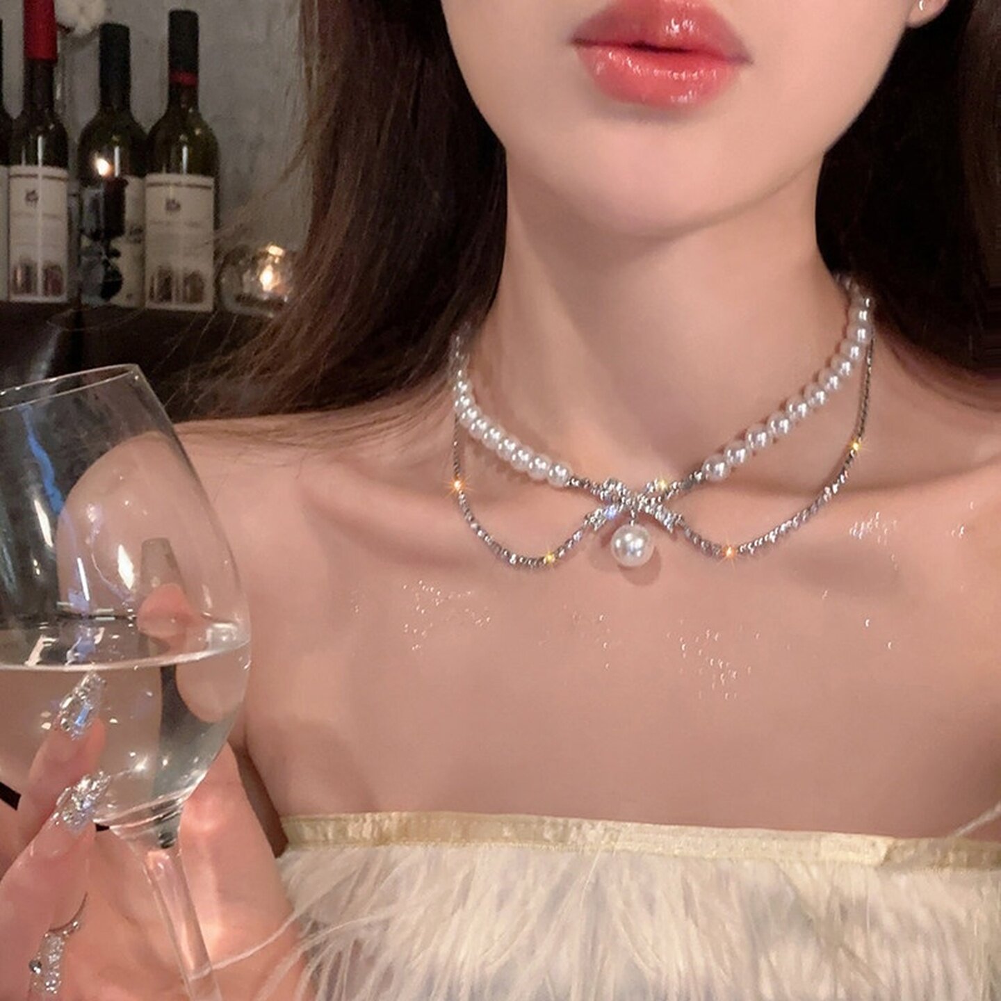 闪钻蝴蝶结双层珍珠项链女设计冷淡风颈链锁骨链婚纱法式百搭小众