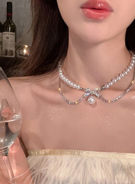 闪钻蝴蝶结双层珍珠项链女设计冷淡风颈链锁骨链婚纱法式百搭小众