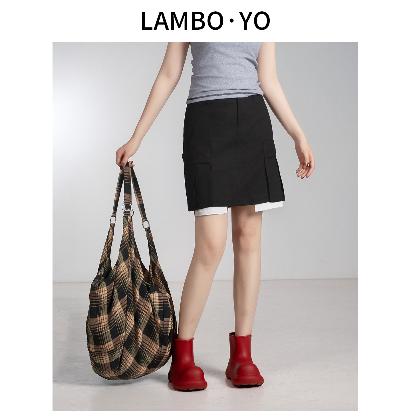 LAMBOYO2025年夏季新款工装风拼接半身裙撞色设计感高腰包