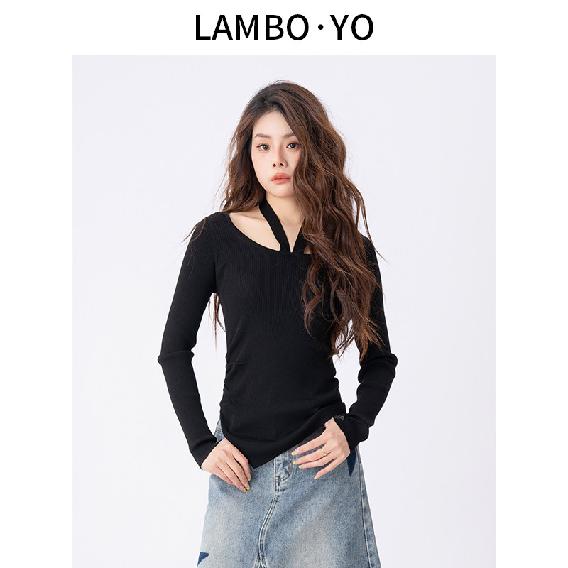 【淡人穿搭】LAMBOYO2025年秋季新款挂脖修身针织衫弹力开叉上衣,女装/女士精品,毛针织衫,淘宝优惠券,粉丝福利购,淘宝优惠卷