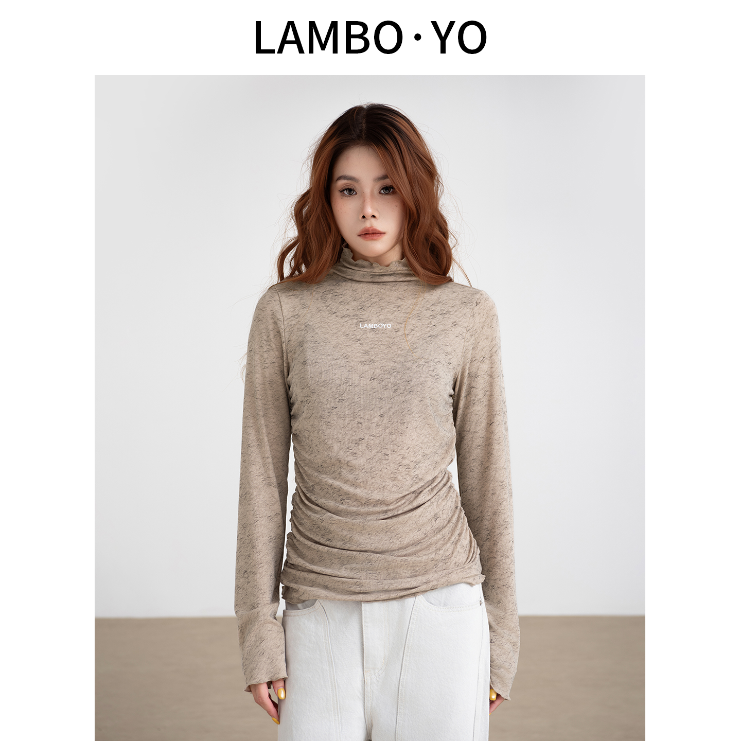 LAMBOYO褶皱修身显瘦针织衫