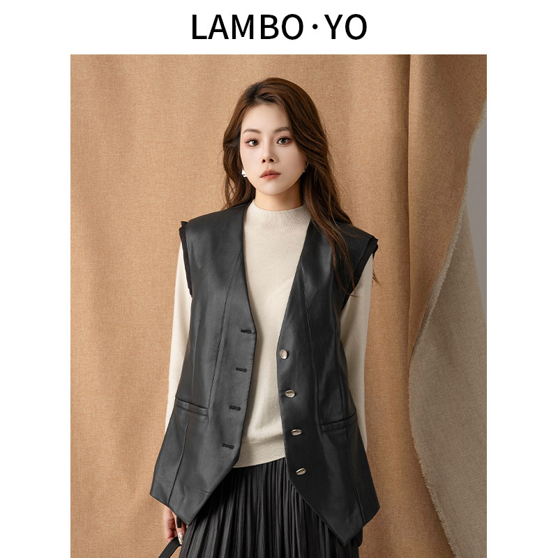 【超划算】LAMBOYO春季新款V领单排扣pu马甲拼接休闲外套女